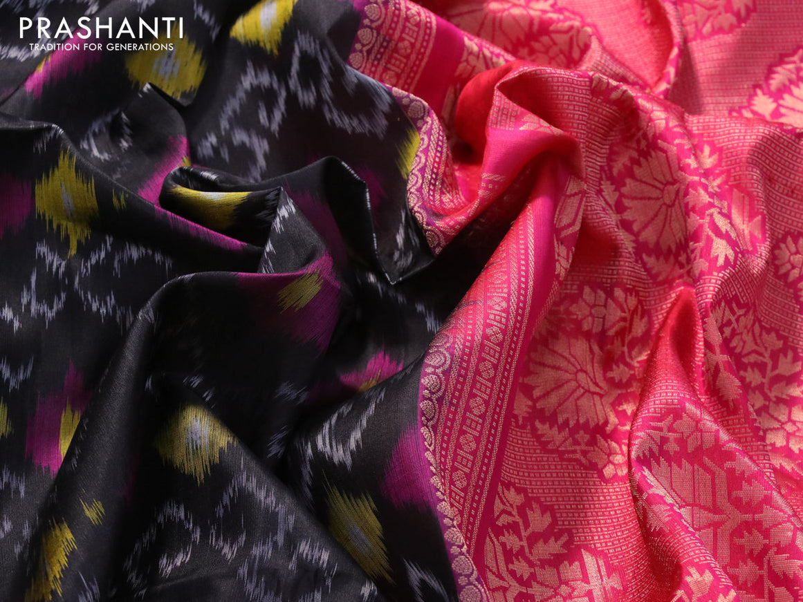 Ikat soft silk saree black and dual shade of pink with allover ikat weaves and floral zari woven border