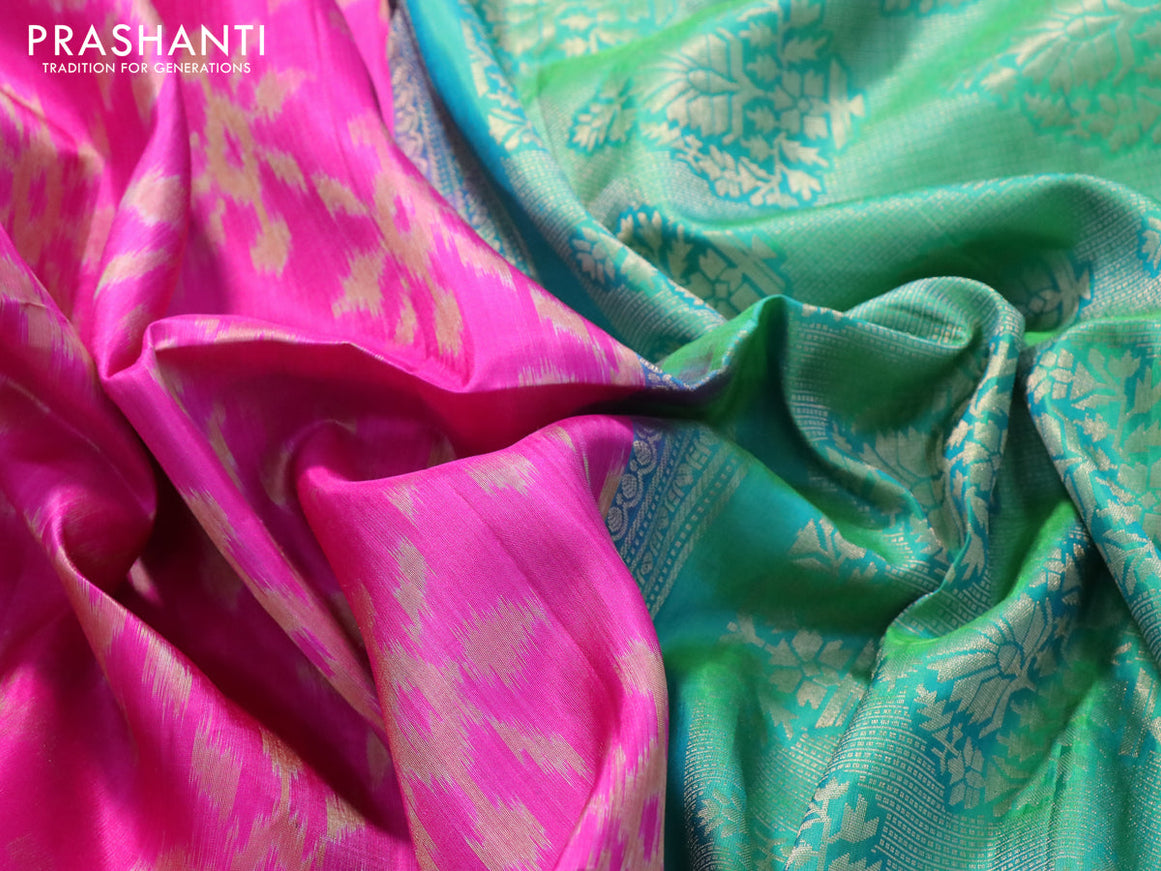 Ikat soft silk saree pink and dual shade of green with allover ikat weaves and floral zari woven border