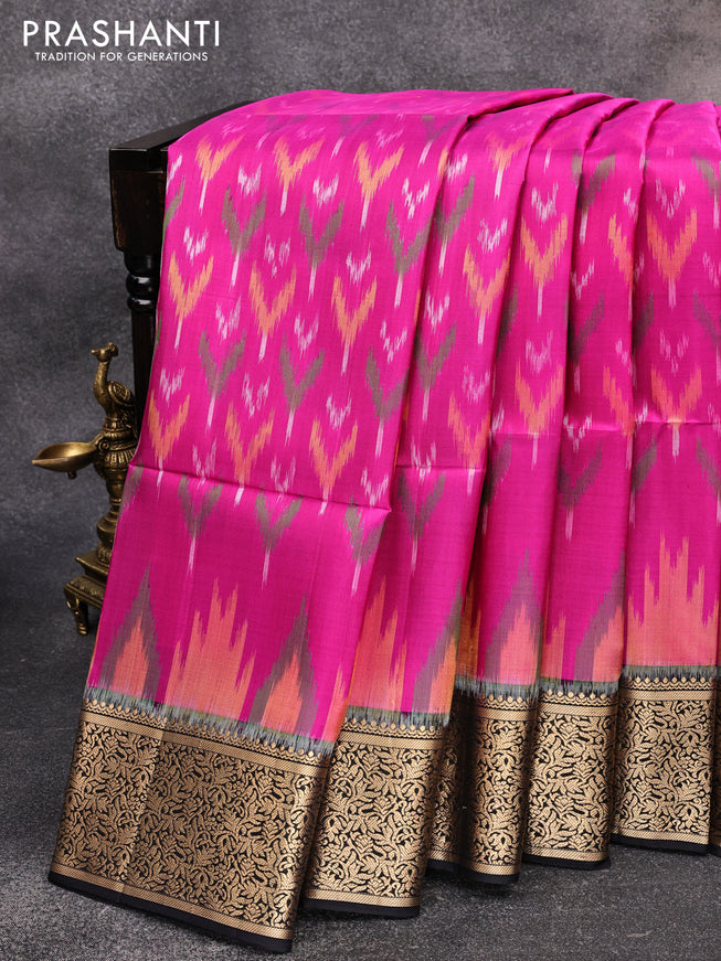 Ikat soft silk saree magenta pink and black with allover ikat weaves and zari woven border