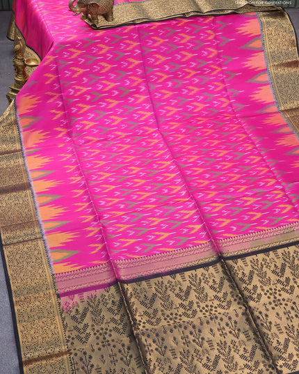 Ikat soft silk saree magenta pink and black with allover ikat weaves and zari woven border