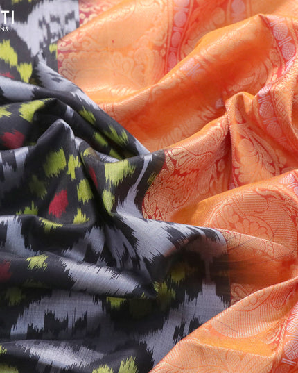 Ikat soft silk saree grey black and sunset orange with allover ikat weaves and zari woven border