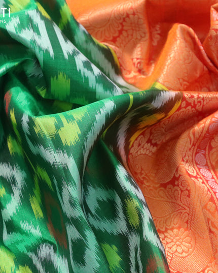 Ikat soft silk saree green and dual shade of orange with allover ikat weaves and zari woven border