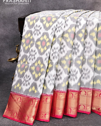 Ikat soft silk saree off white grey and pink with allover ikat weaves and zari woven border