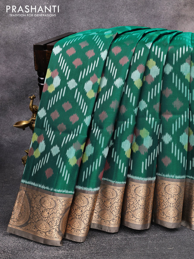 Ikat soft silk saree peacock green and grey with allover ikat weaves and zari woven border