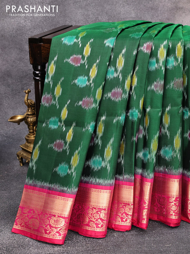 Ikat soft silk saree green and dual shade of pink with allover ikat weaves and zari woven floral border