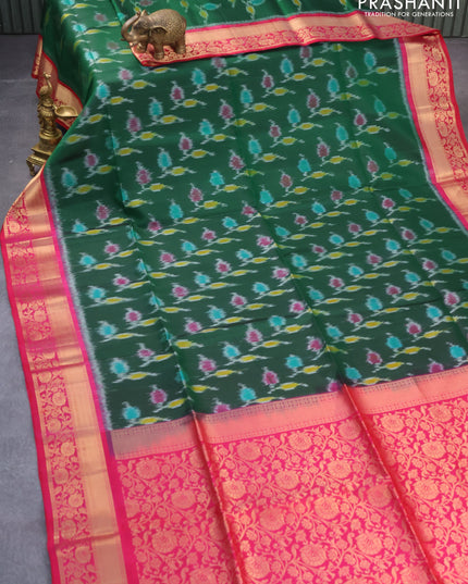 Ikat soft silk saree green and dual shade of pink with allover ikat weaves and zari woven floral border
