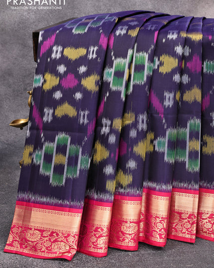 Ikat soft silk saree navy blue and dual shade of pink with allover ikat weaves and zari woven floral border