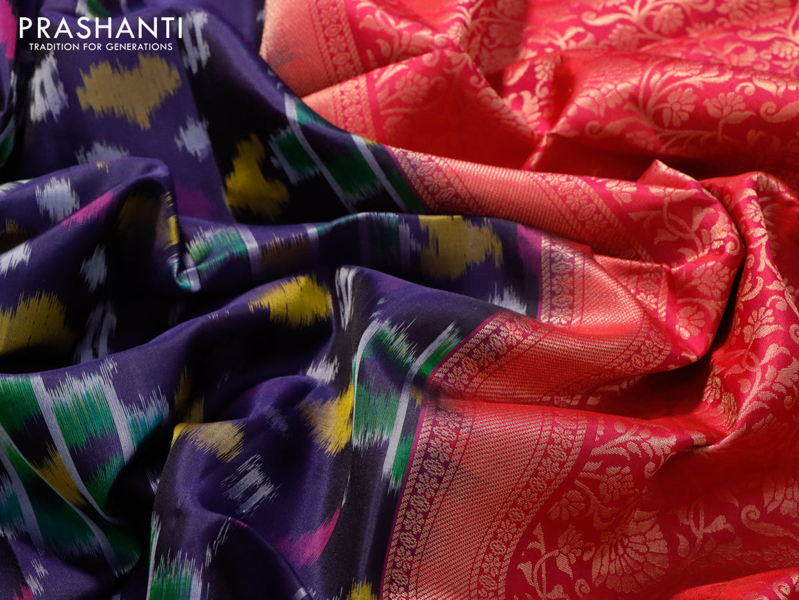 Ikat soft silk saree navy blue and dual shade of pink with allover ikat weaves and zari woven floral border