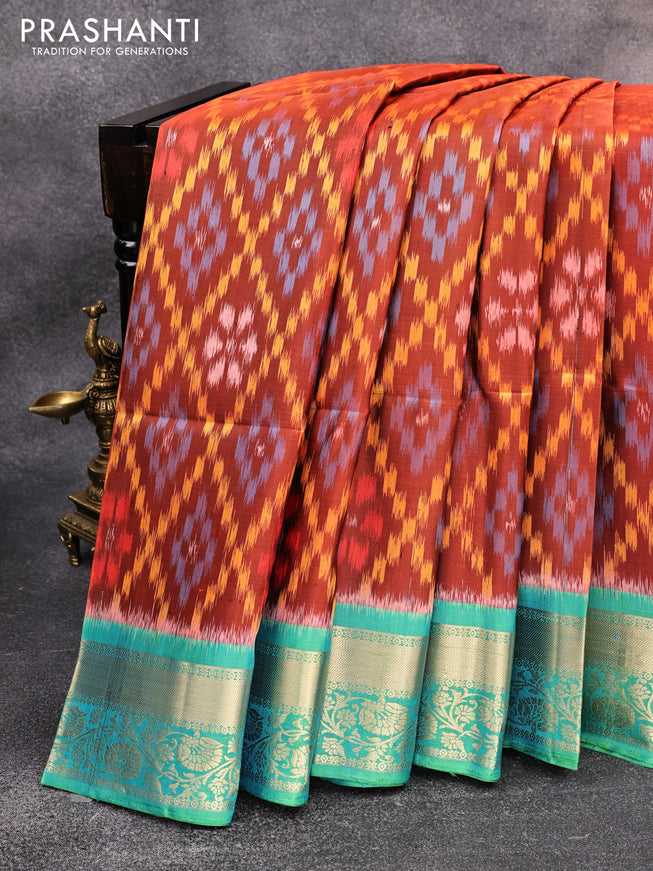 Ikat soft silk saree rustic maroon and dual shade of bluish green with allover ikat weaves and zari woven floral border
