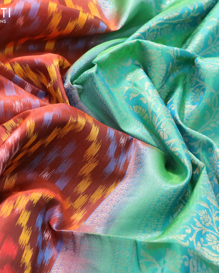 Ikat soft silk saree rustic maroon and dual shade of bluish green with allover ikat weaves and zari woven floral border