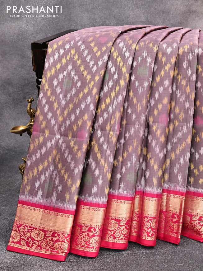 Ikat soft silk saree rosy brown and dual shade of pink with allover ikat weaves and zari woven floral border