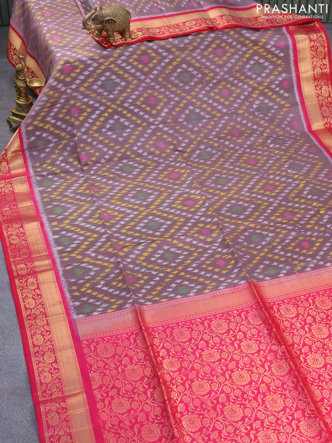 Ikat soft silk saree rosy brown and dual shade of pink with allover ikat weaves and zari woven floral border