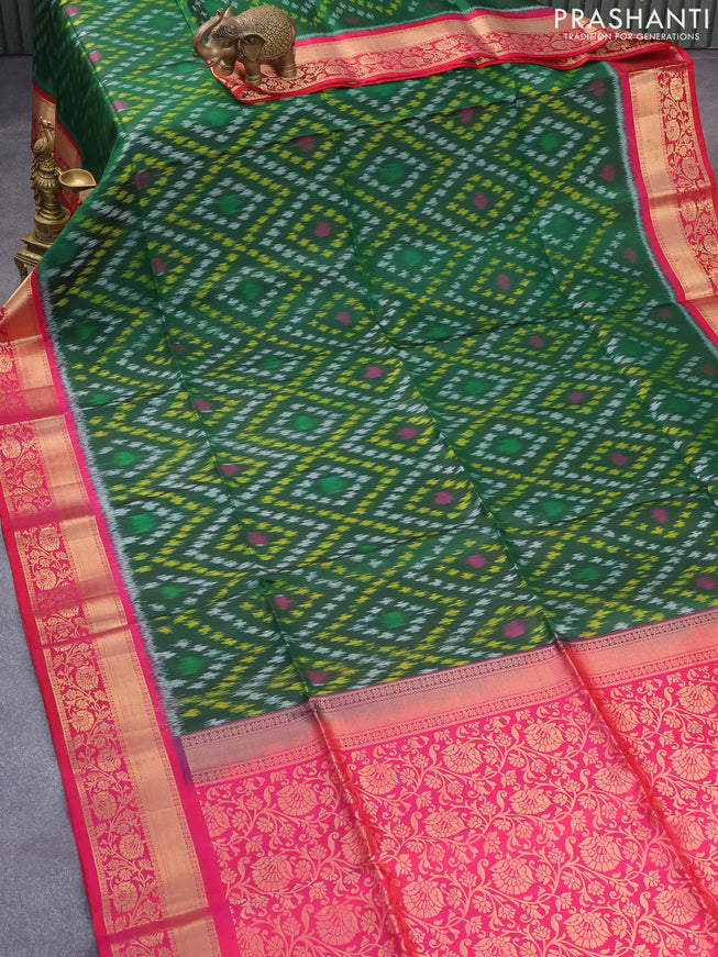 Ikat soft silk saree green and pink with allover ikat weaves and zari woven floral border