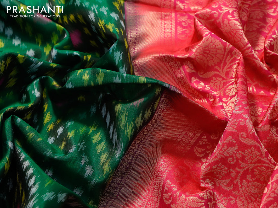 Ikat soft silk saree green and pink with allover ikat weaves and zari woven floral border