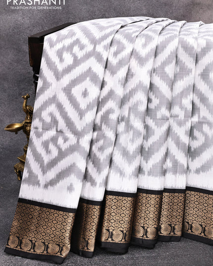 Ikat soft silk saree off white grey and black with allover ikat weaves and zari woven border