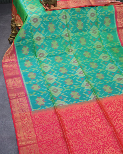 Ikat soft silk saree dual shade of teal green and dual shade of pinkish green with allover ikat weaves and floral zari woven border