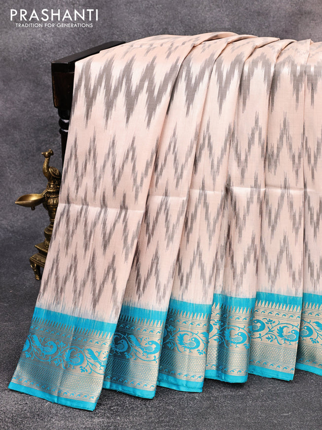 Ikat soft silk saree beige grey and cs blue with allover ikat weaves and peacock zari woven border