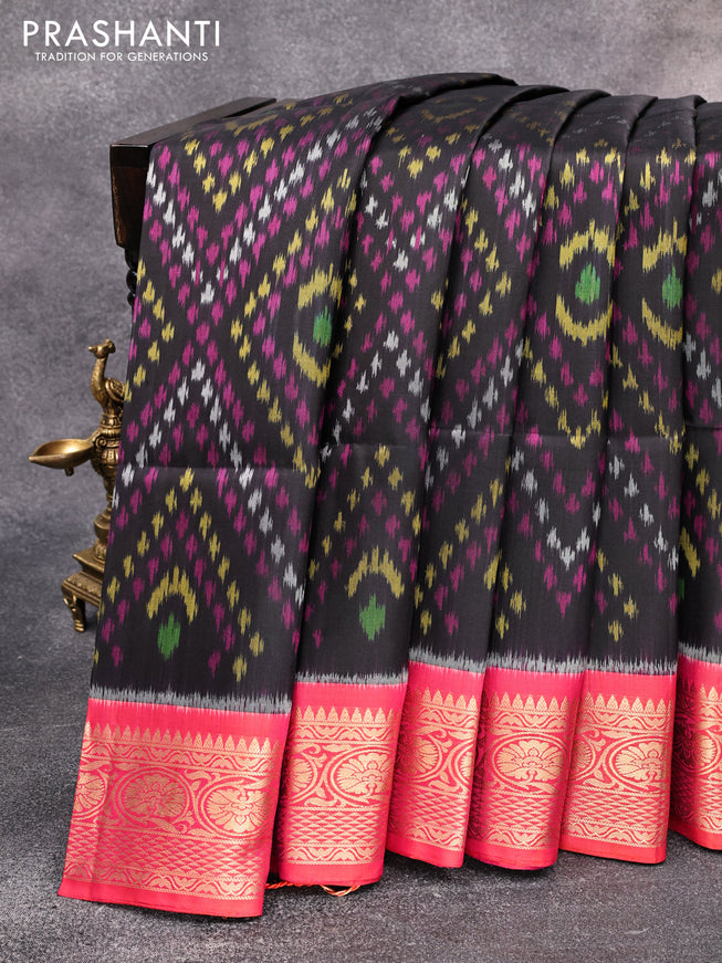 Ikat soft silk saree black and dual shade of pinkish orange with allover ikat weaves and floral zari woven border