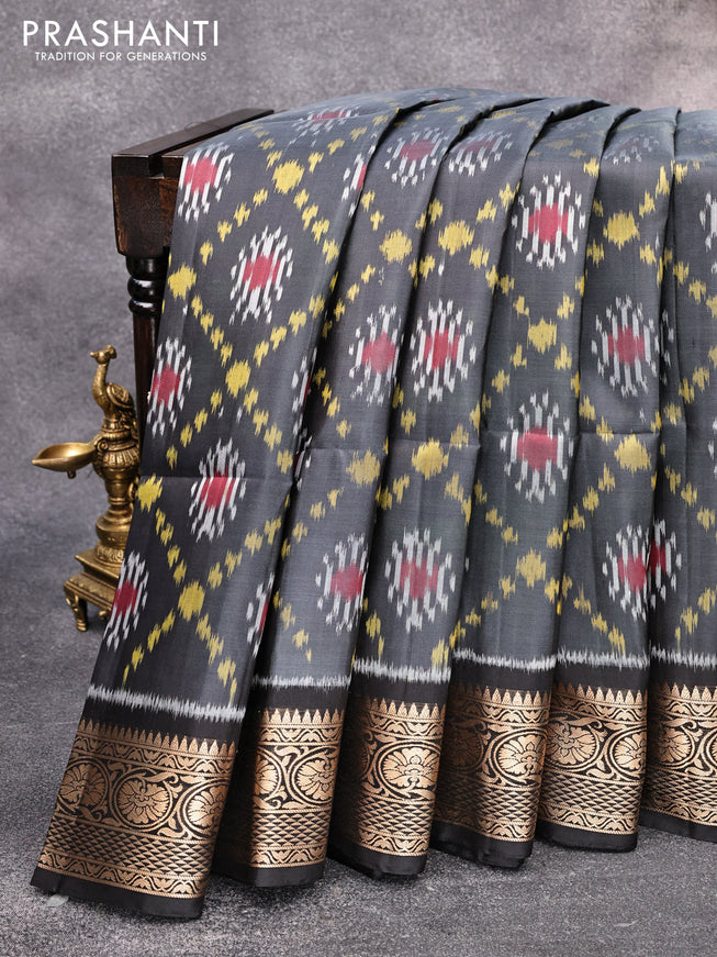 Ikat soft silk saree dark grey and black with allover ikat weaves and floral zari woven border