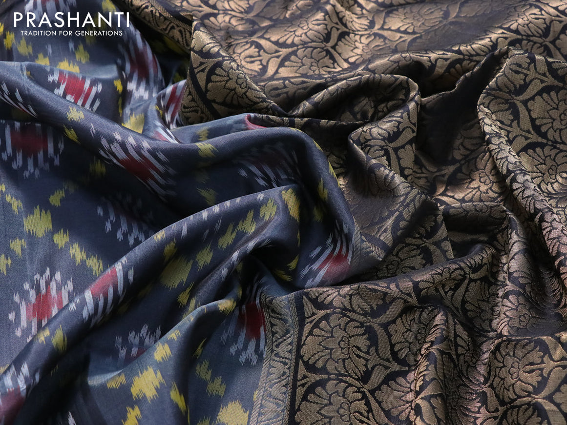 Ikat soft silk saree dark grey and black with allover ikat weaves and floral zari woven border