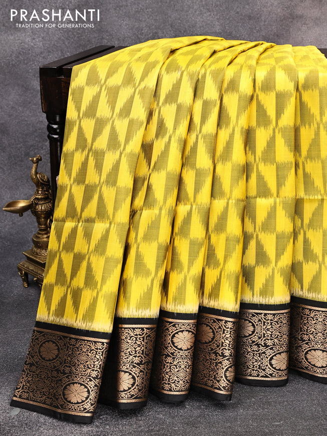 Ikat soft silk saree yellow and black with allover ikat weaves and zari woven border