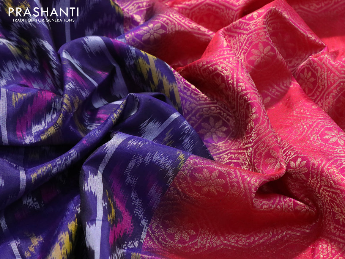 Ikat soft silk saree dark blue and dual shade of pink with allover ikat weaves and zari woven border