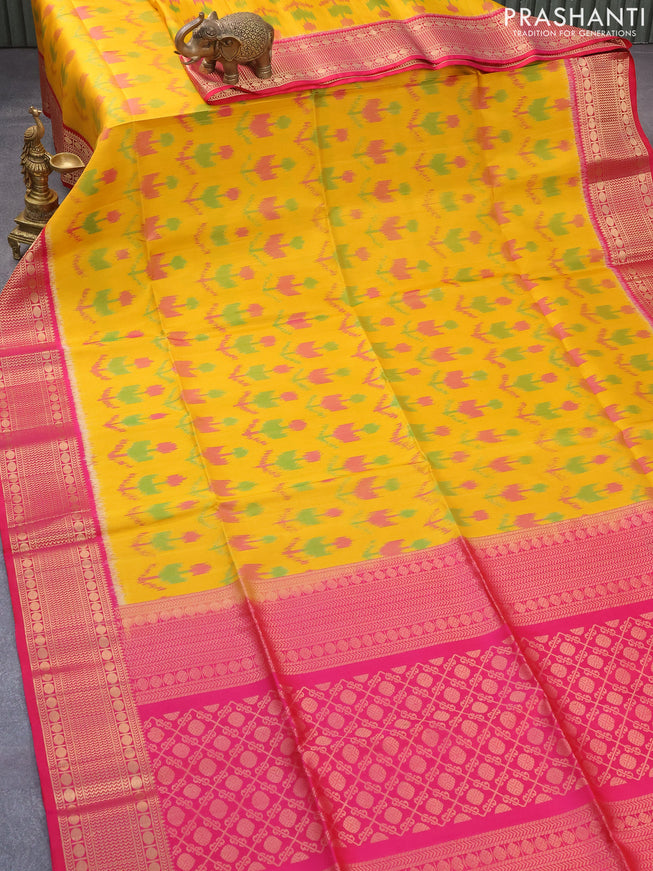 Ikat soft silk saree mustard yellow and pink with allover ikat butta weaves and rudhraksha zari woven border