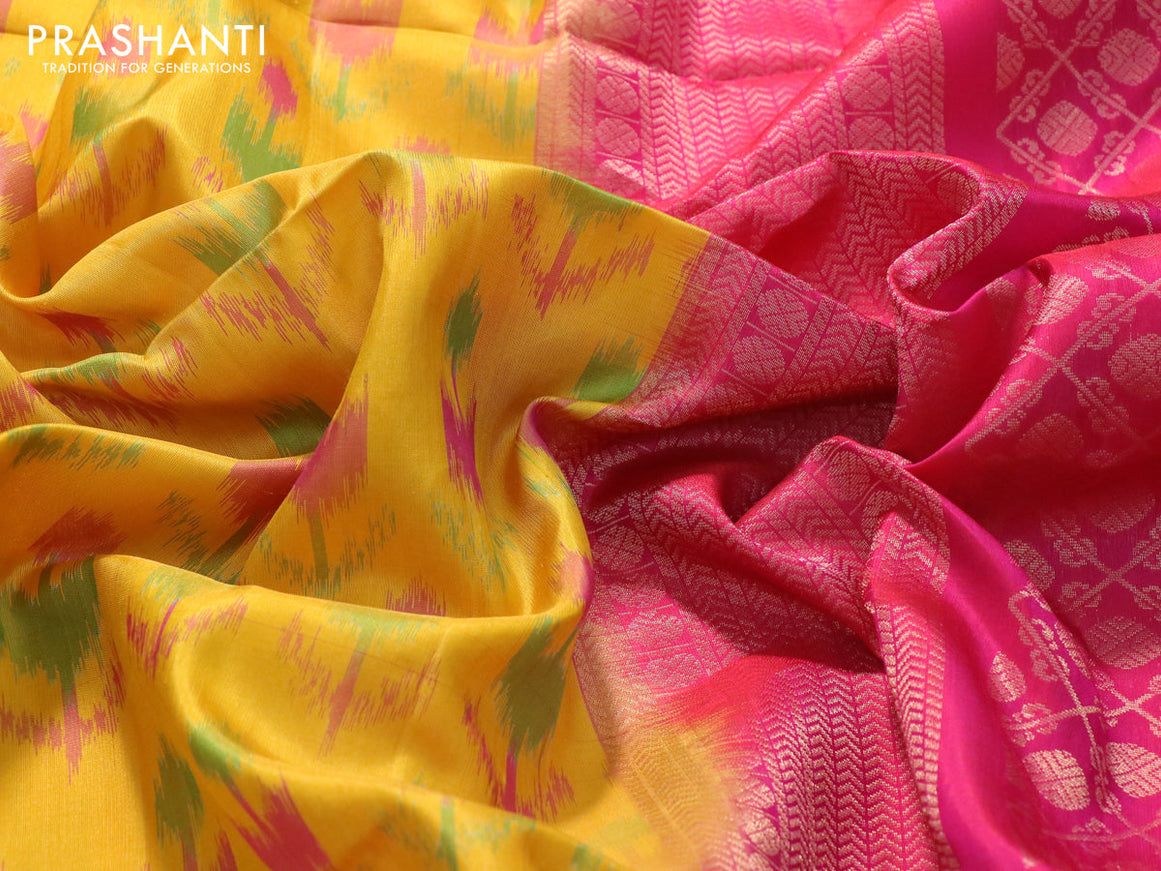 Ikat soft silk saree mustard yellow and pink with allover ikat butta weaves and rudhraksha zari woven border