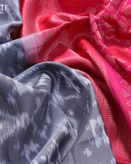 Ikat soft silk saree grey and dual shade of pink with allover ikat weaves and rudhraksha zari woven border