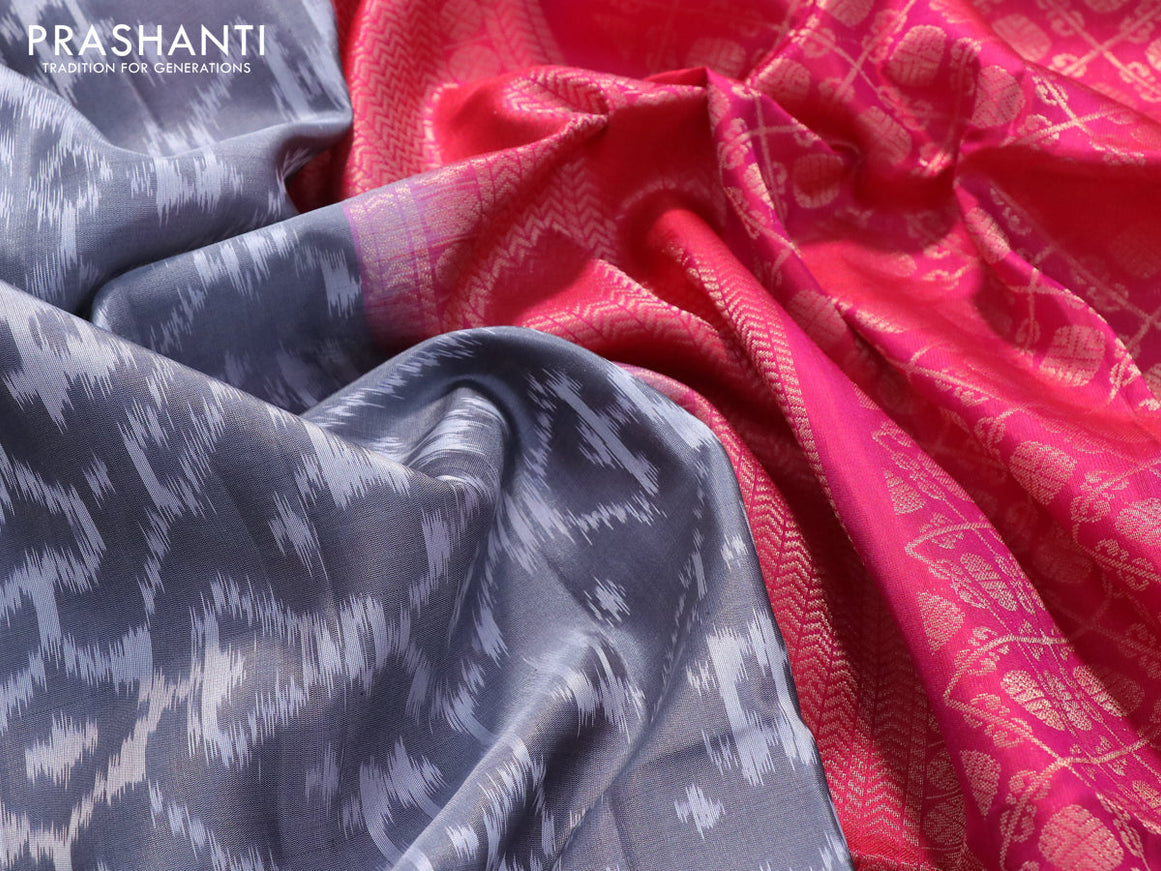 Ikat soft silk saree grey and dual shade of pink with allover ikat weaves and rudhraksha zari woven border