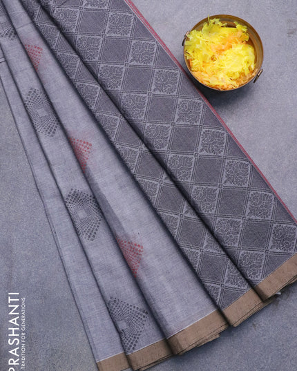 Nithyam cotton saree grey and beige with thread woven buttas and simple border