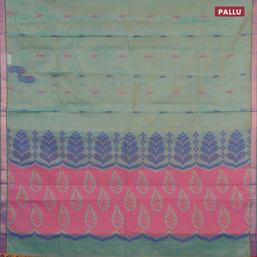 Nithyam cotton saree dual shade of greenish yellow and pink shade with allover thread woven buttas and zari woven border