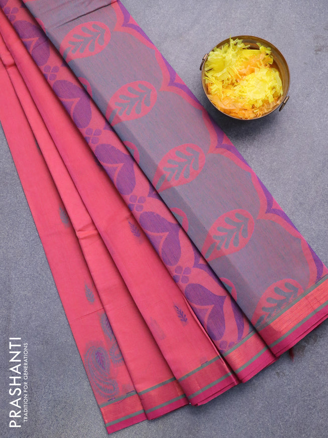 Nithyam cotton saree dual shade of pink and magenta pink with allover thread woven buttas and zari woven border