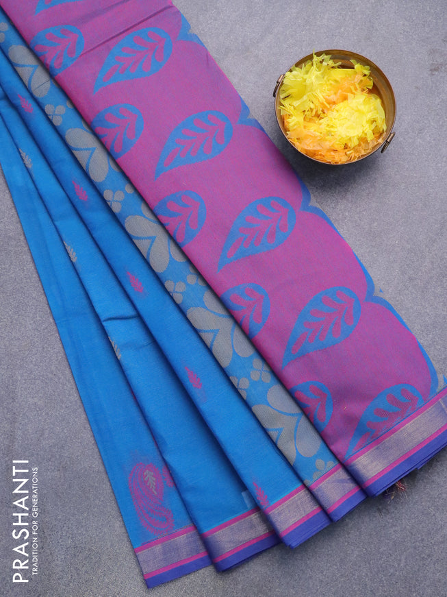 Nithyam cotton saree cs blue and pink with allover thread woven buttas and zari woven border
