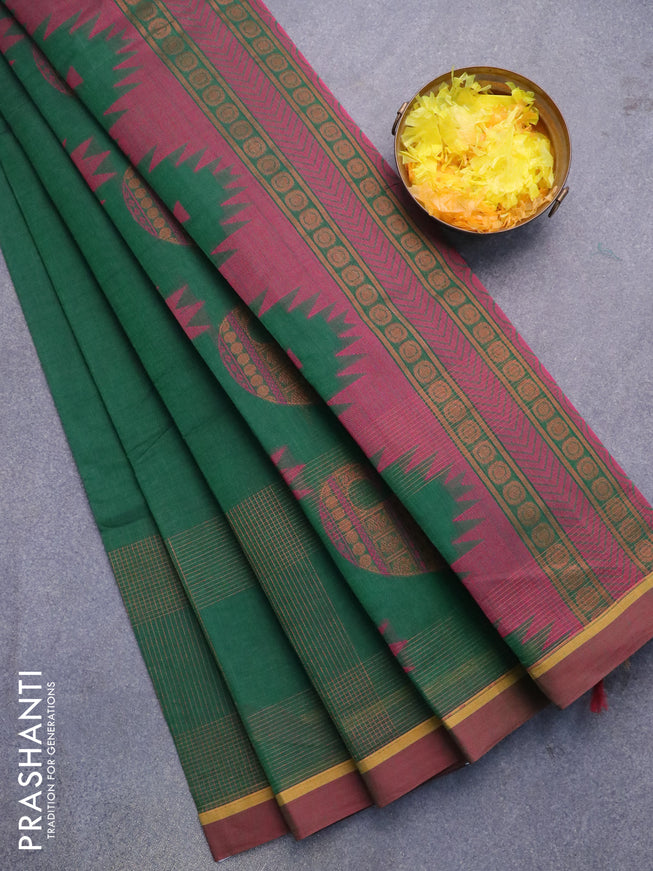Nithyam cotton saree bottle green and dual shade of maroon with copper zari & thread woven buttas and simple border