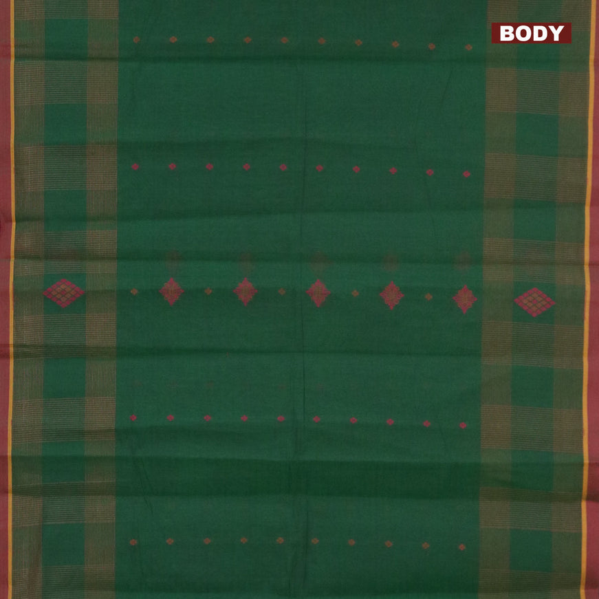 Nithyam cotton saree bottle green and dual shade of maroon with copper zari & thread woven buttas and simple border