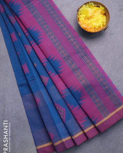 Nithyam cotton saree peacock blue and dual shade of maroon with copper zari & thread woven buttas and simple border