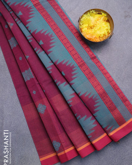 Nithyam cotton saree dark magenta and maroon with copper zari & thread woven buttas and simple border