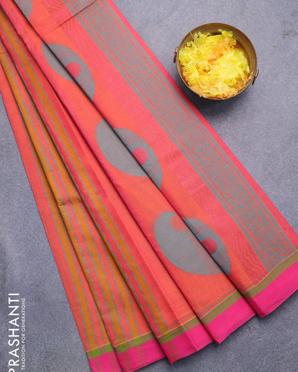 Nithyam cotton saree dual shade of orange and pink with allover thread weaves & zari buttas and simple border