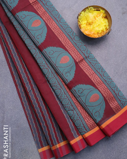 Nithyam cotton saree deep maroon and maroon with allover thread weaves & zari buttas and simple border