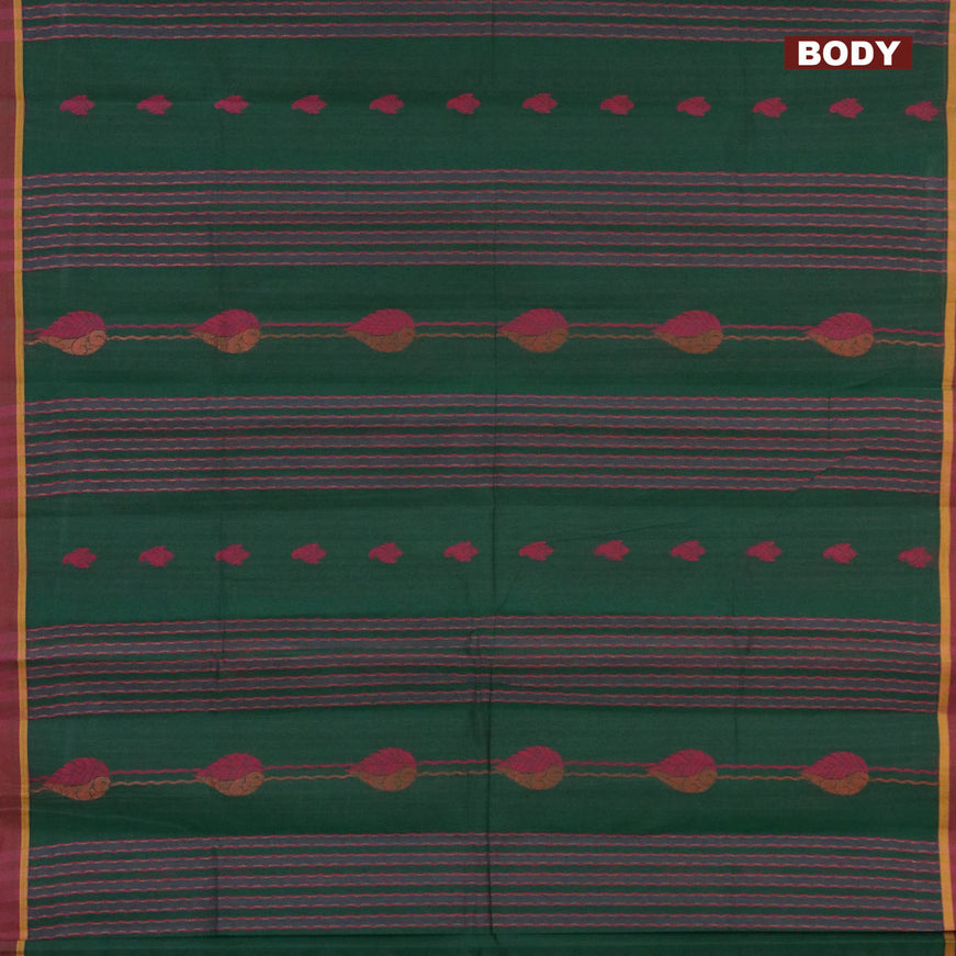 Nithyam cotton saree bottle green and dual shade of maroon with allover thread weaves & zari buttas and simple border