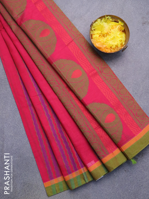 Nithyam cotton saree magenta pink and green with allover thread weaves & zari buttas and simple border