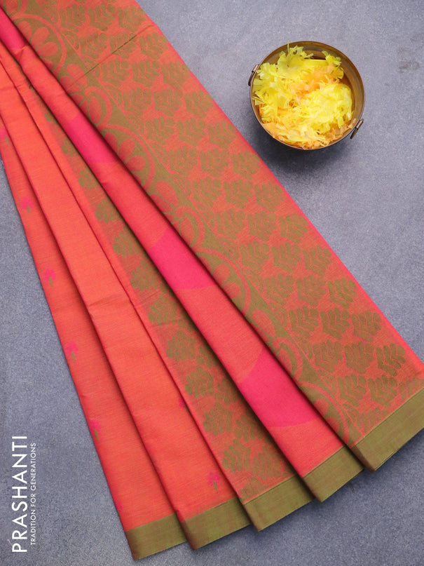 Nithyam cotton saree dual shade of orange and green with allover thread weaves & buttas and simple border