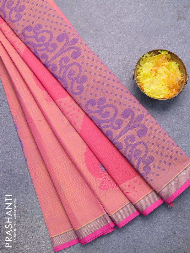 Nithyam cotton saree dual shade of pinkish yellow and pink with thread woven buttas ad zari woven border