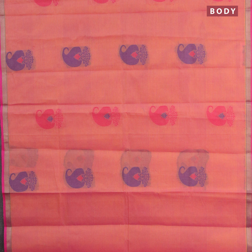 Nithyam cotton saree dual shade of pinkish yellow and pink with thread woven buttas ad zari woven border