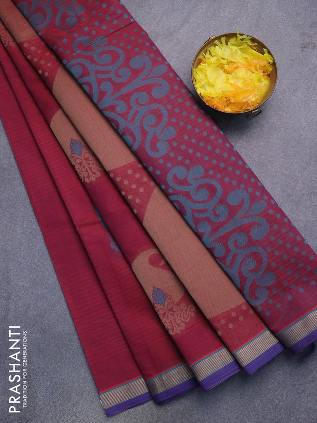 Nithyam cotton saree maroon and blue with thread woven buttas ad zari woven border