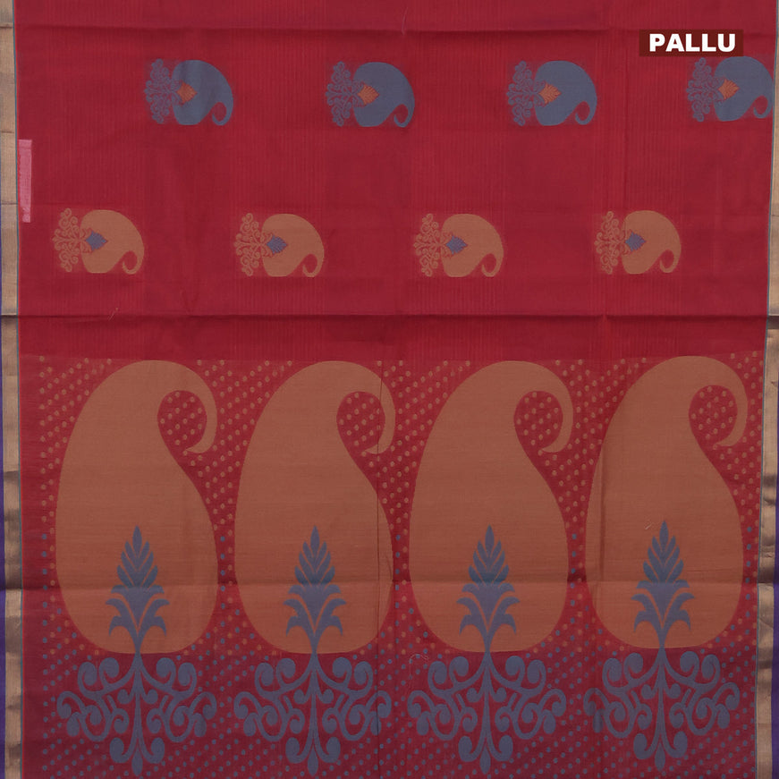 Nithyam cotton saree maroon and blue with thread woven buttas ad zari woven border