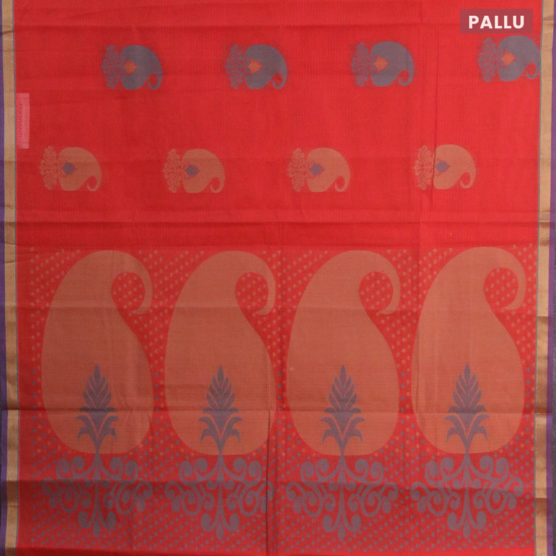 Nithyam cotton saree red and blue with thread woven buttas ad zari woven border