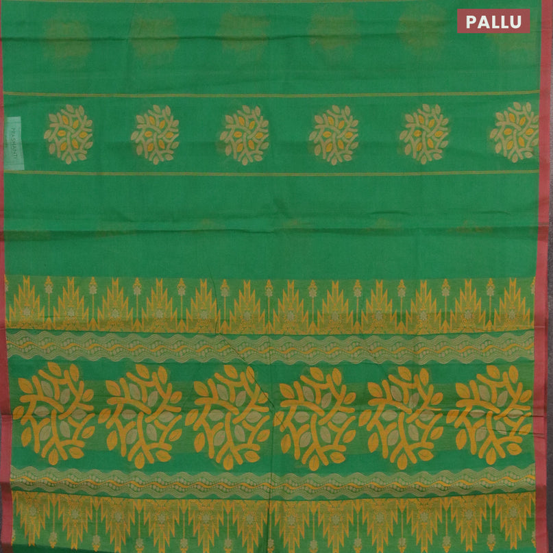 Nithyam cotton saree green and maroon with allover thread checks & buttas and simple border