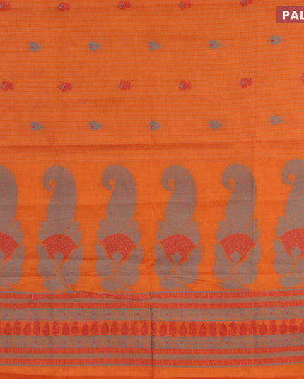 Nithyam cotton saree orange and maroon with allover thread weaves ad zari woven border